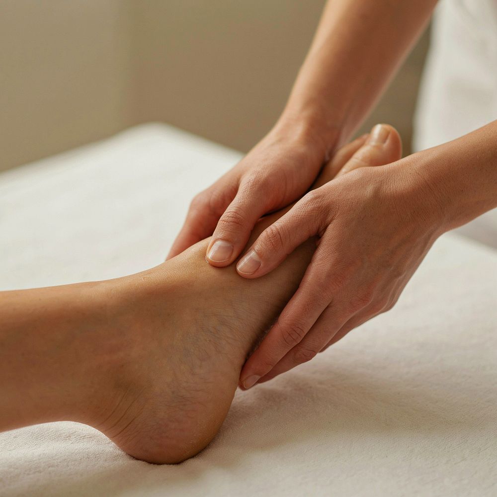 Mains de la praticienne pendant une séance de réflexologie plantaire