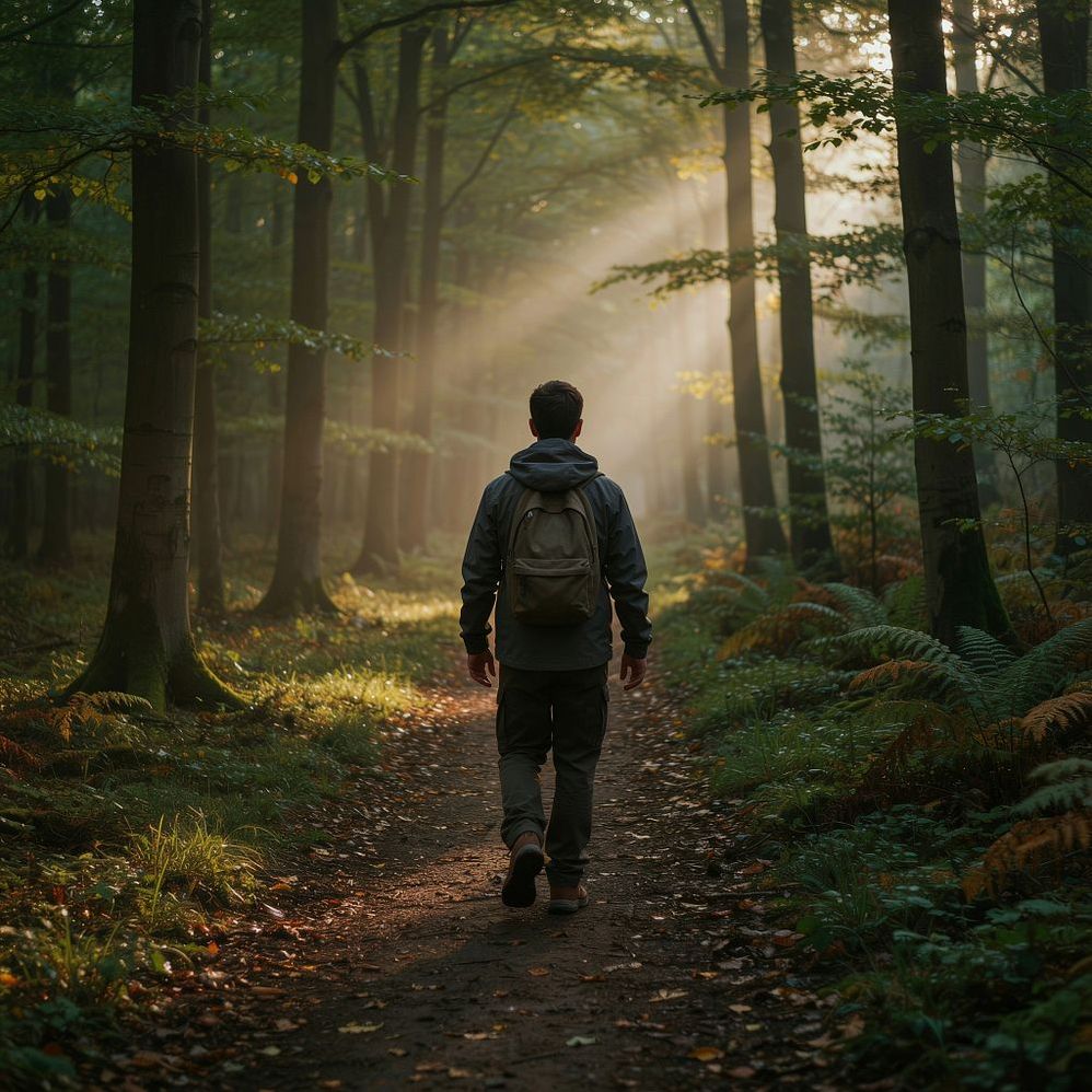 Personne marchant sur un sentier en forêt, pour le Parcours Équilibre & Renouveau